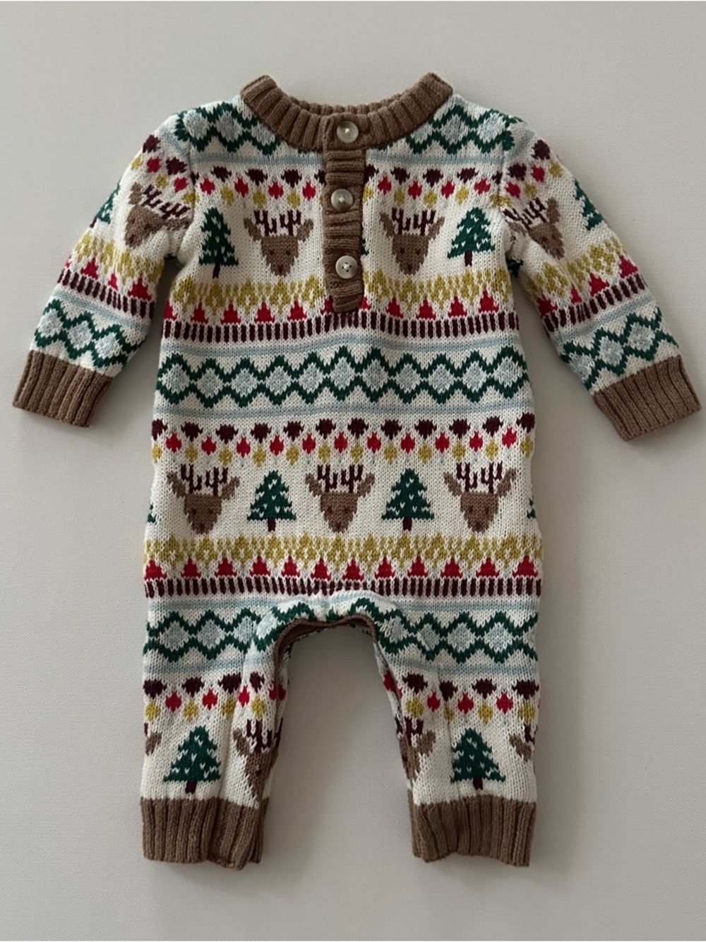 Old Navy 0-3 Months Baby Fair Isle Moose Knit Jumpsuit Christmas Tree Holiday